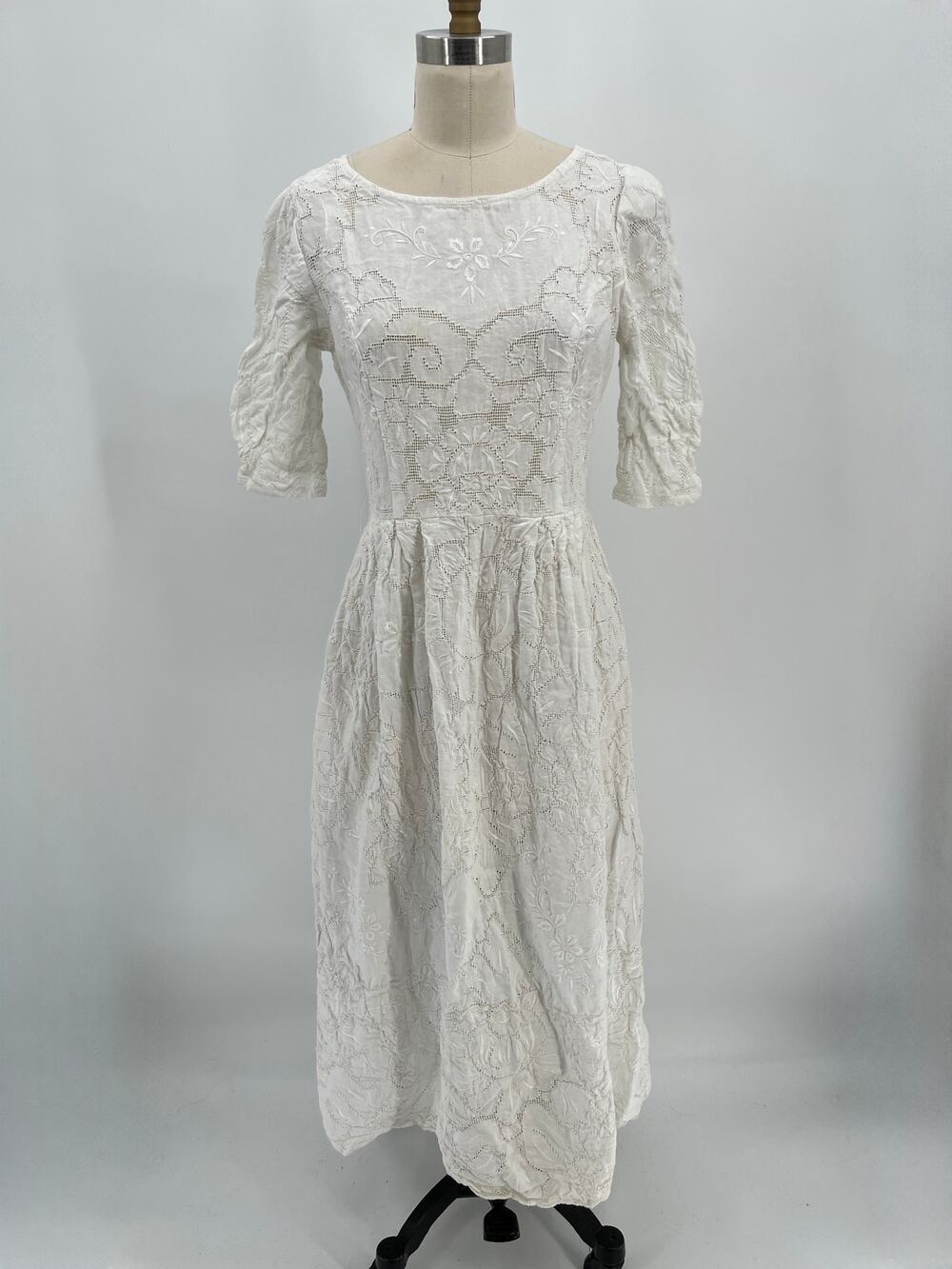 Vintage Paper White Eyelet Midi Dress Sz 12 (S) Short Sleeve Linen Cotton